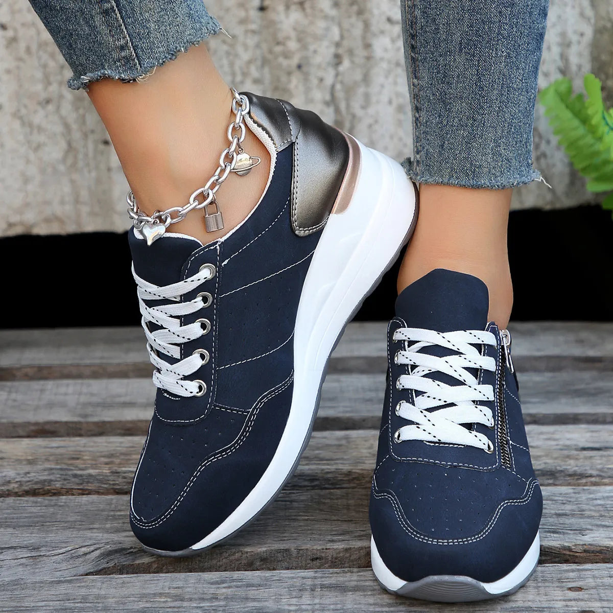 Women's Wedge Platform Faux Suede Trainers with Side Zip