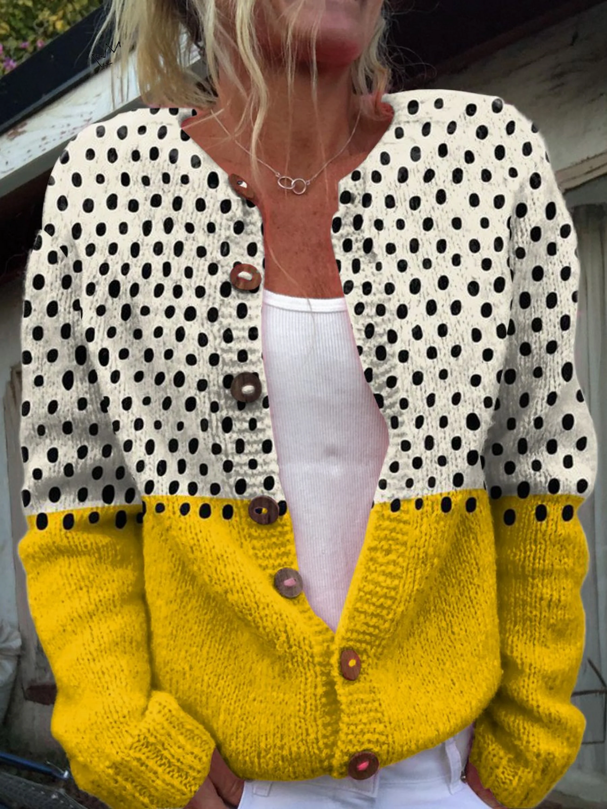 Women's Polka Dot Colour Block Knit Cardigan in Yellow