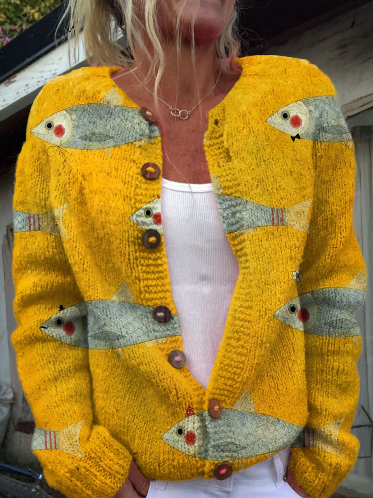 Women's Fish Print Knit Cardigan in Yellow