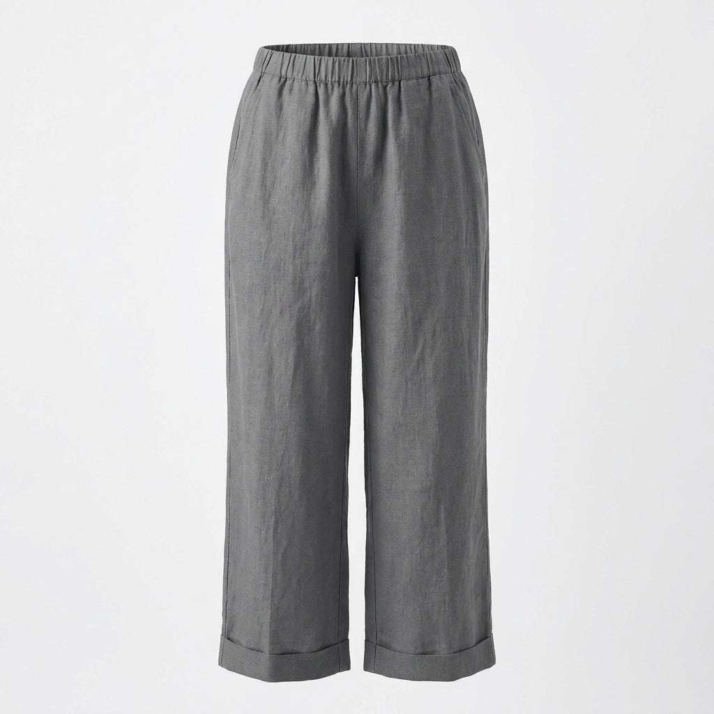 Women's Elasticated Waist Straight-Leg Trousers with Turn-Ups