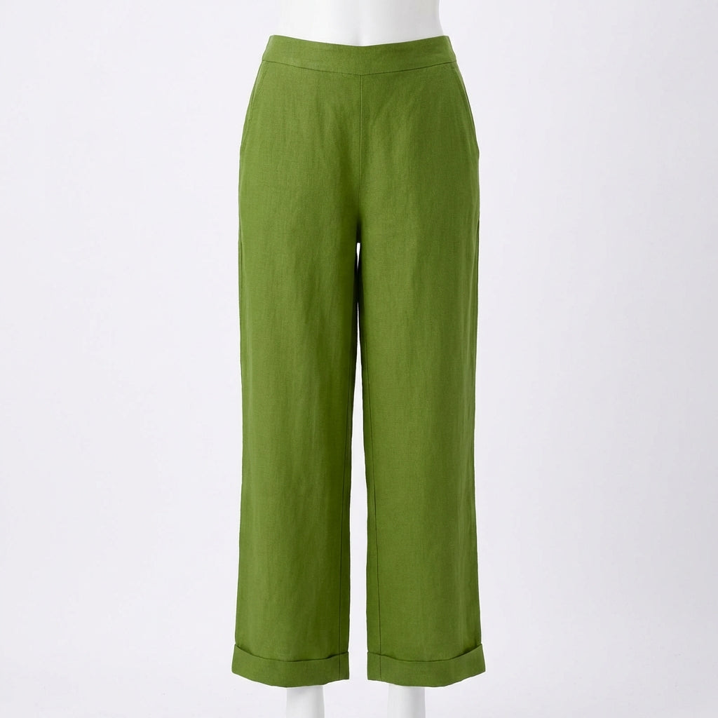 Women's Elasticated Waist Straight-Leg Trousers with Turn-Ups