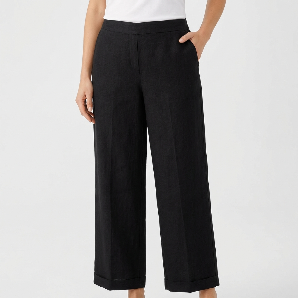 Women's Elasticated Waist Straight-Leg Trousers with Turn-Ups
