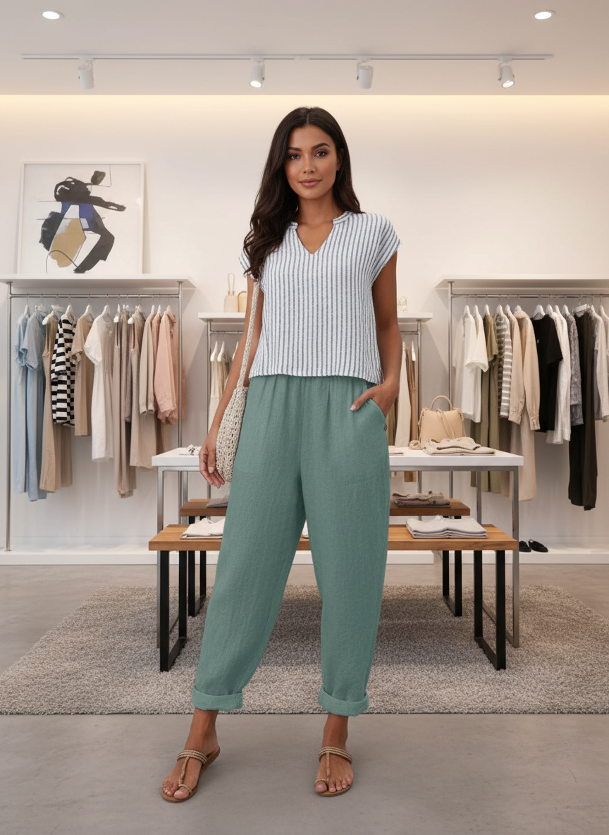 Women's Relaxed Elastic Waist Trousers with Pockets