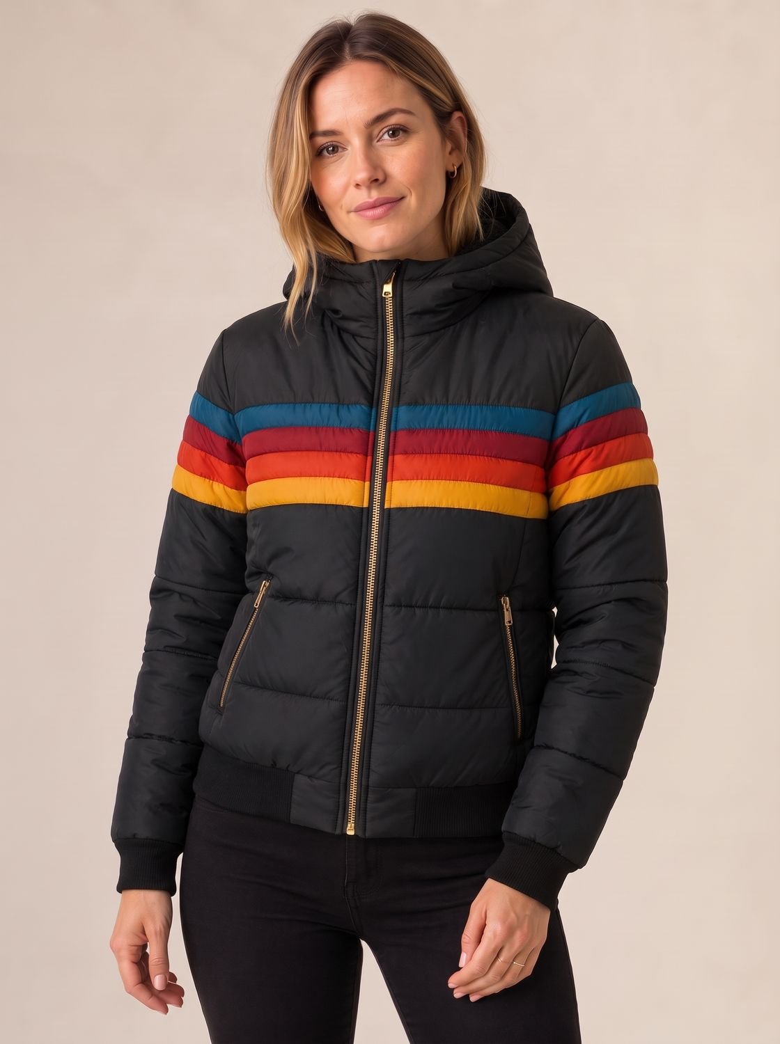 Women's Retro Stripe Hooded Puffer Jacket