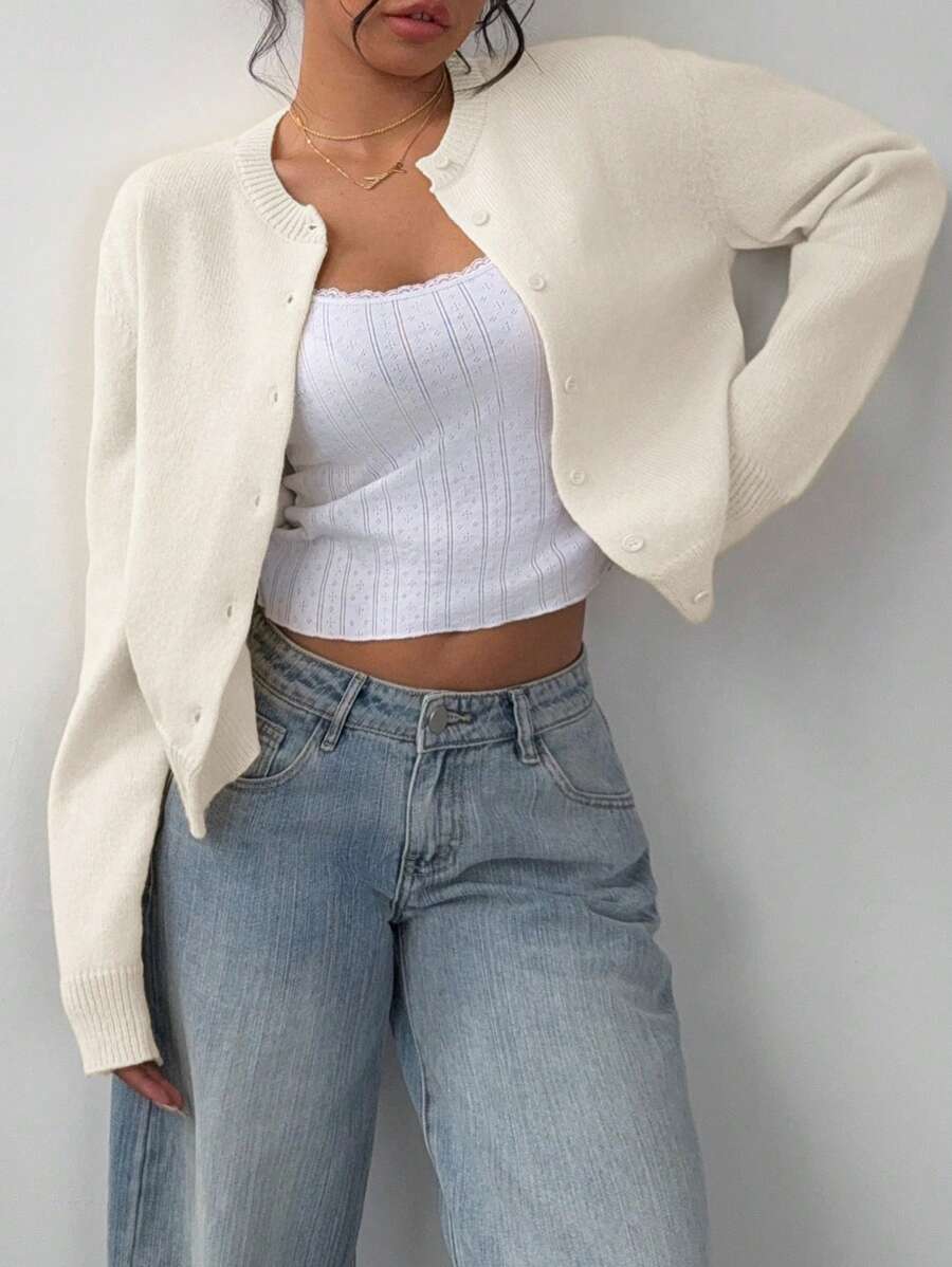 Women's Ribbed Cropped Button Cardigan