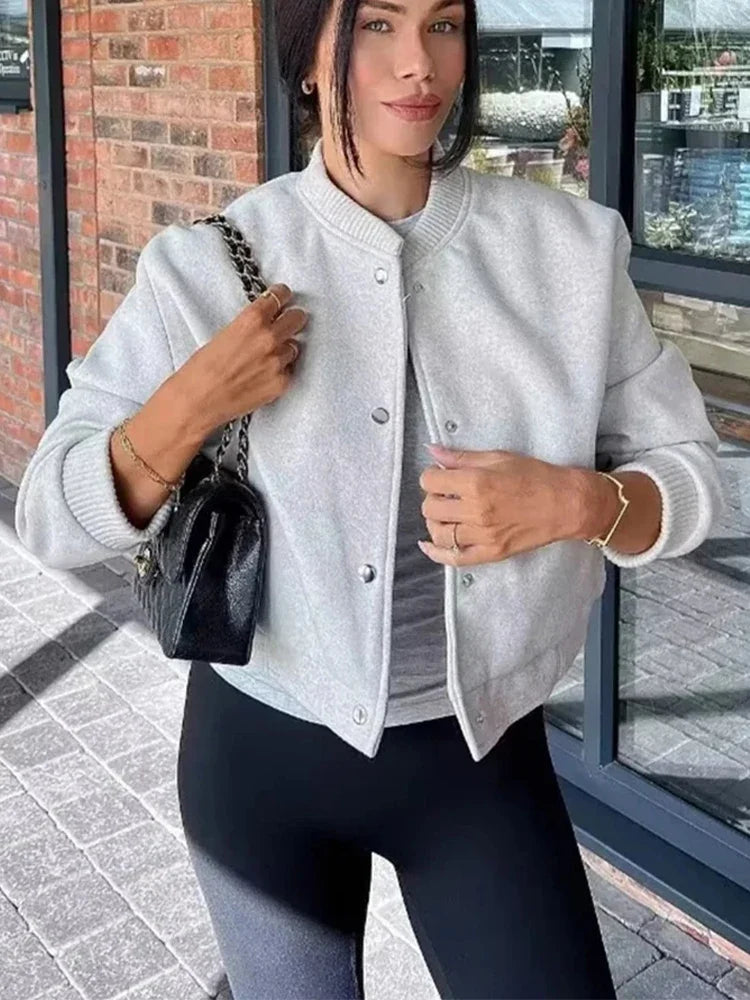 Women's Cropped Bomber Jacket with Snap Buttons