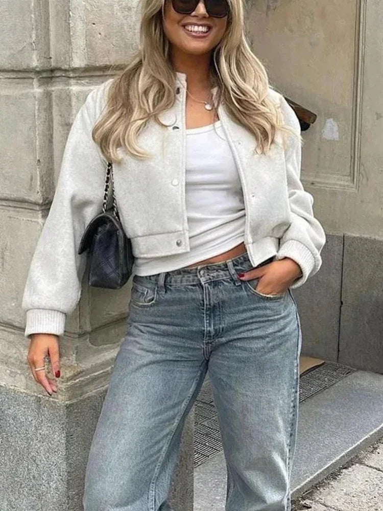 Women's Cropped Bomber Jacket with Snap Buttons