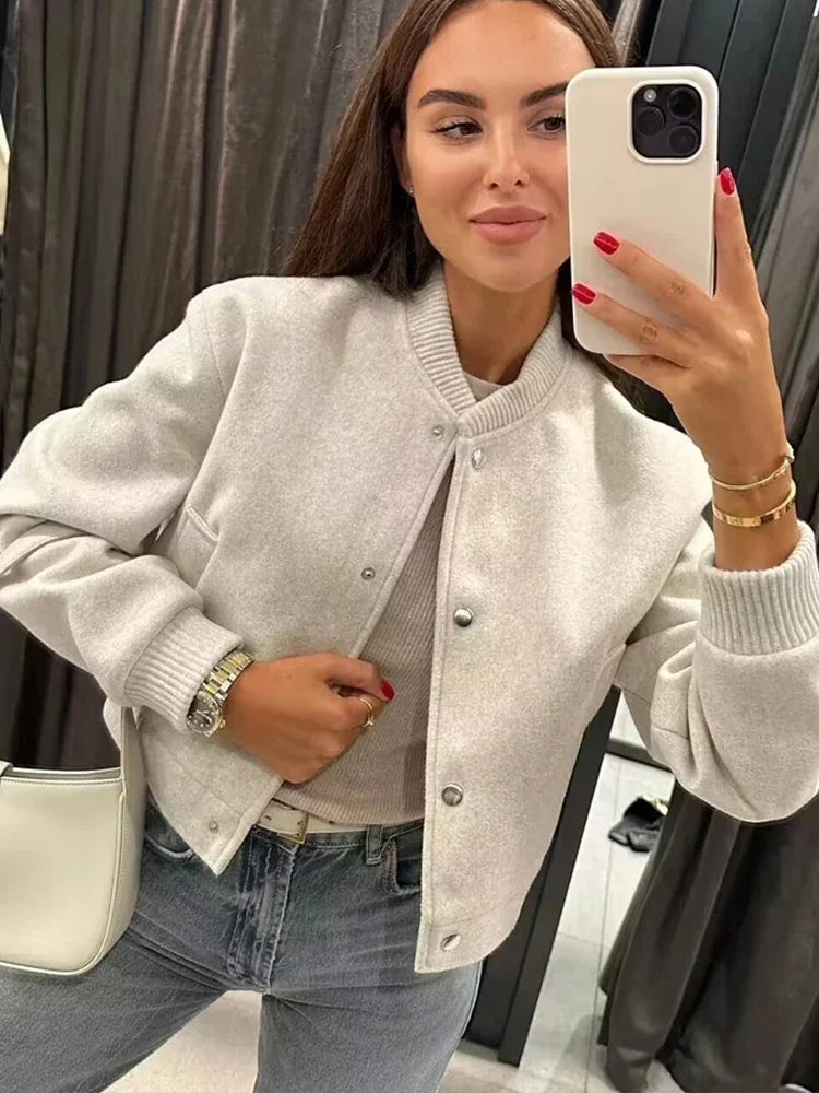 Women's Cropped Bomber Jacket with Snap Buttons