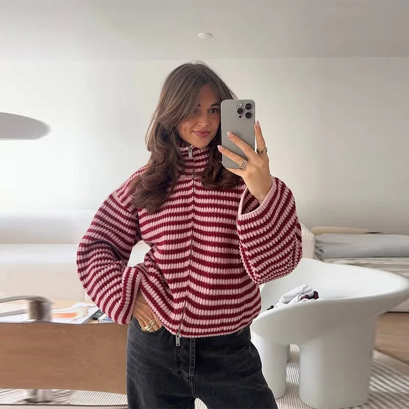 Women's Chunky Rib Zip-Up Cardigan with High Collar