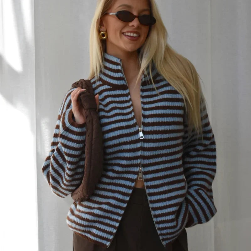Women's Chunky Rib Zip-Up Cardigan with High Collar
