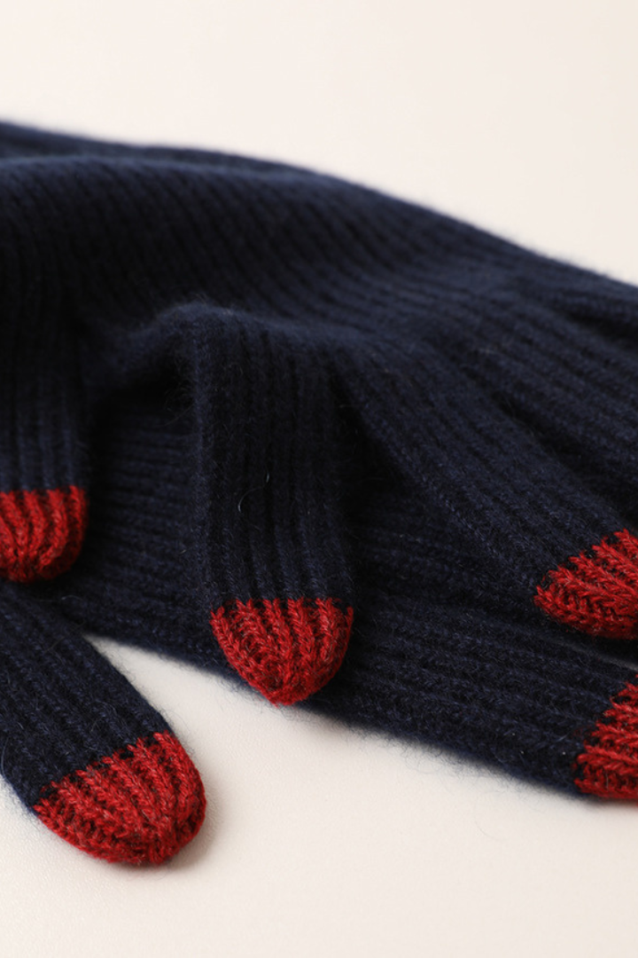 Women's Ribbed Knit Gloves with Contrast Fingertips