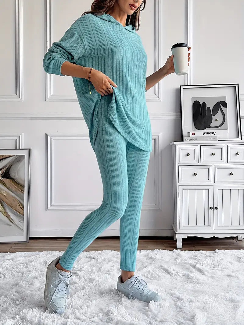 Women's Ribbed Longline Hoodie & Leggings Lounge Set