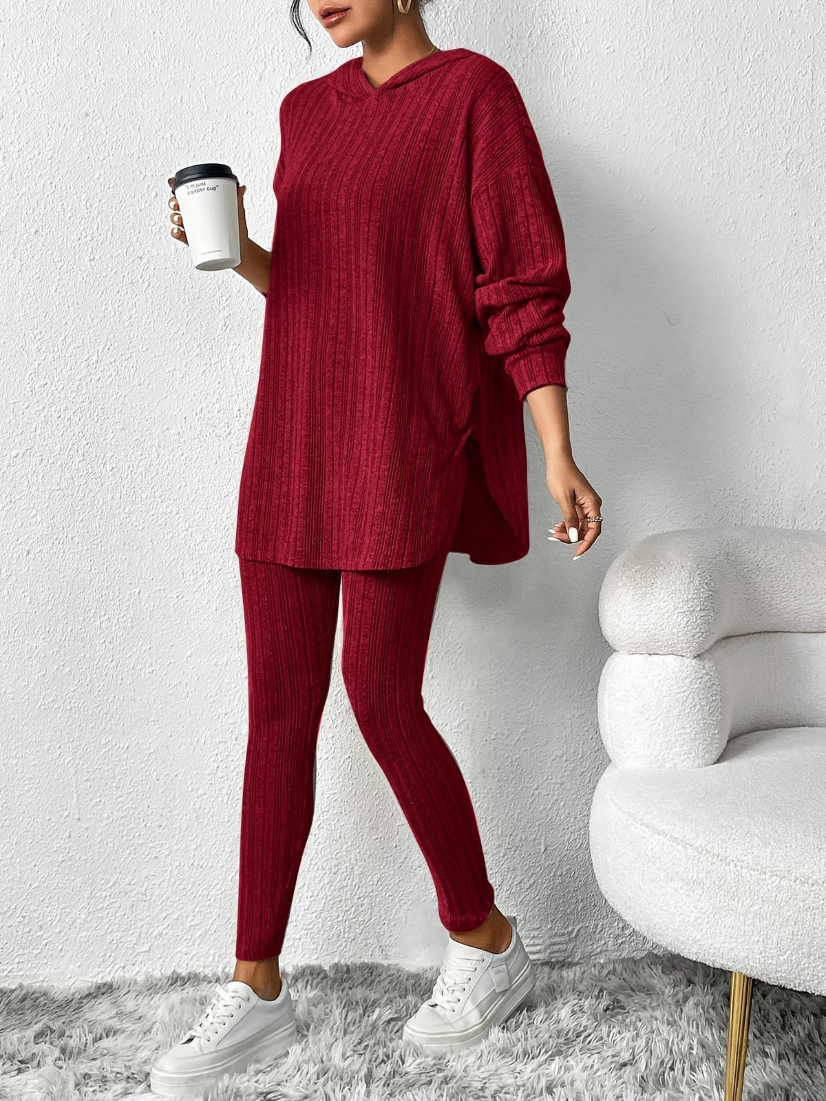 Women's Ribbed Longline Hoodie & Leggings Lounge Set