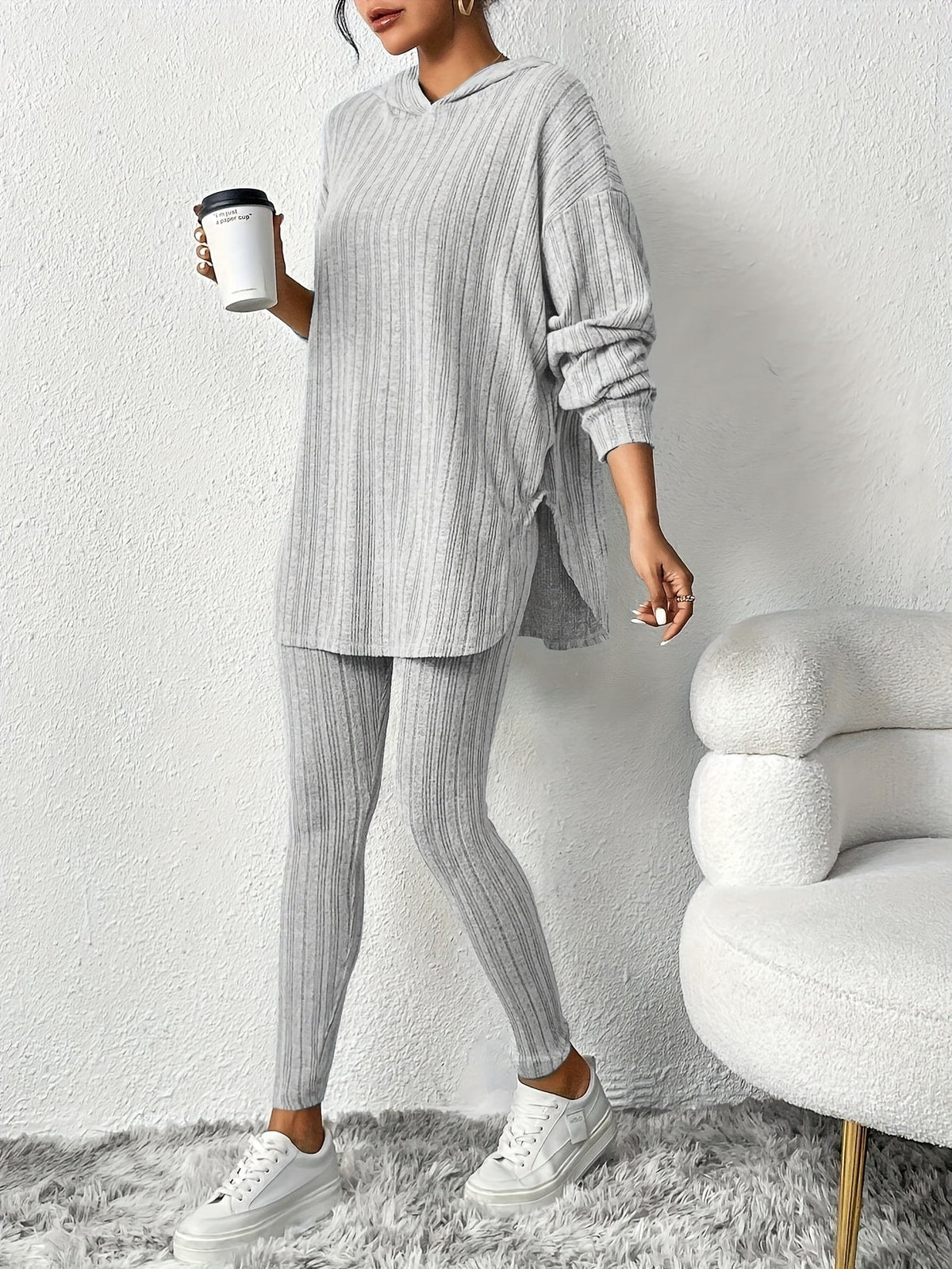 Women's Ribbed Longline Hoodie & Leggings Lounge Set