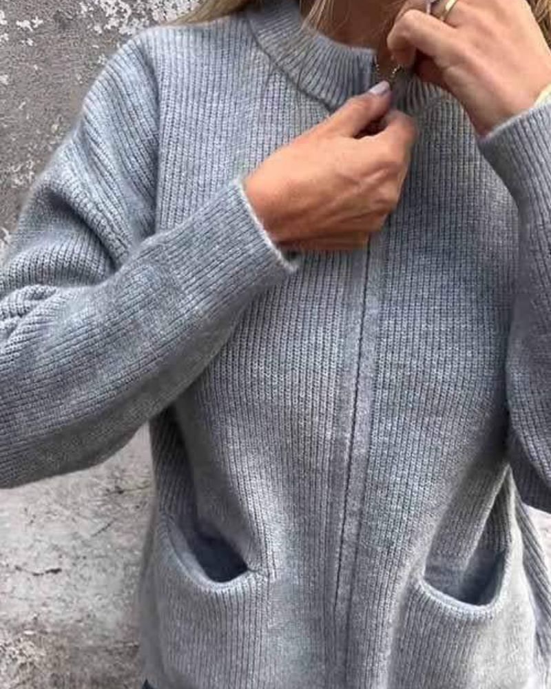 Women's Ribbed Zip-Up Knit Cardigan with Pockets