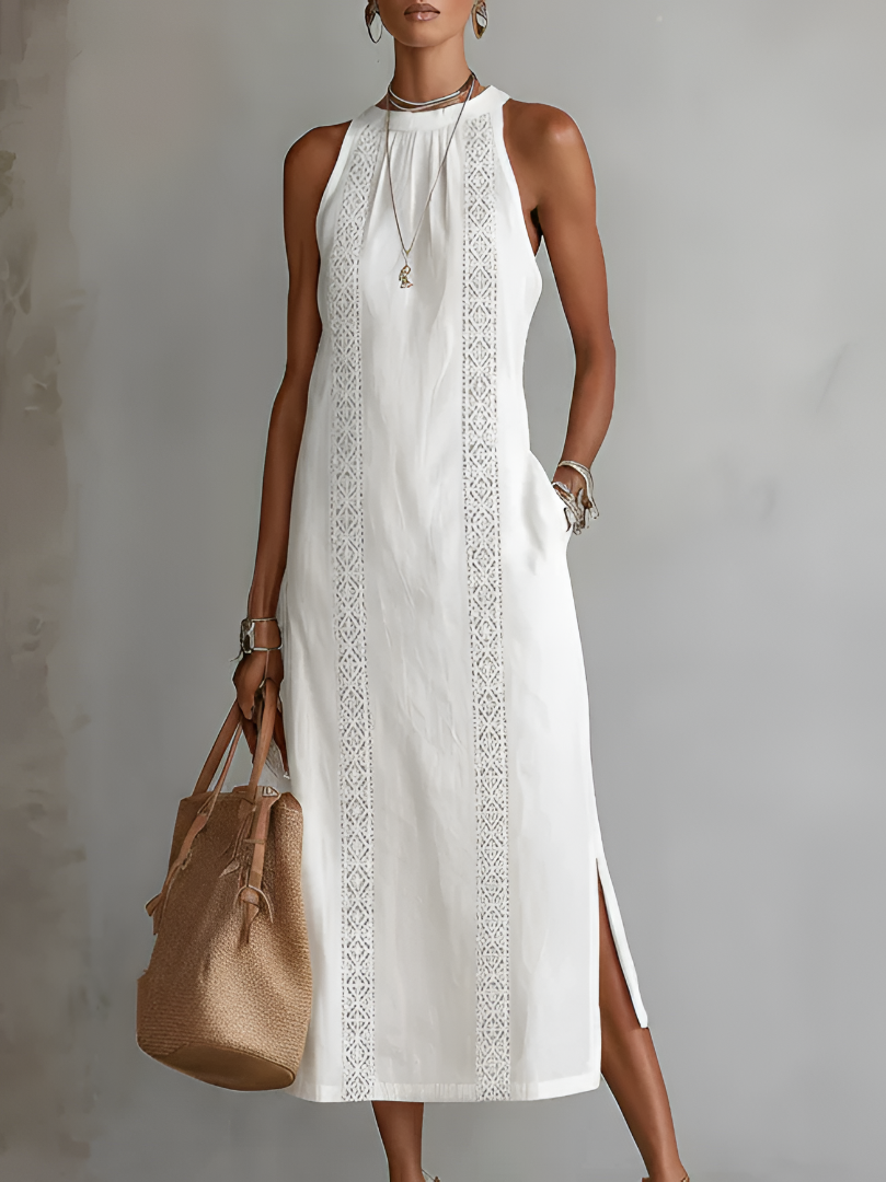 Women's Round Neck Sleeveless Midi Dress with Side Slit
