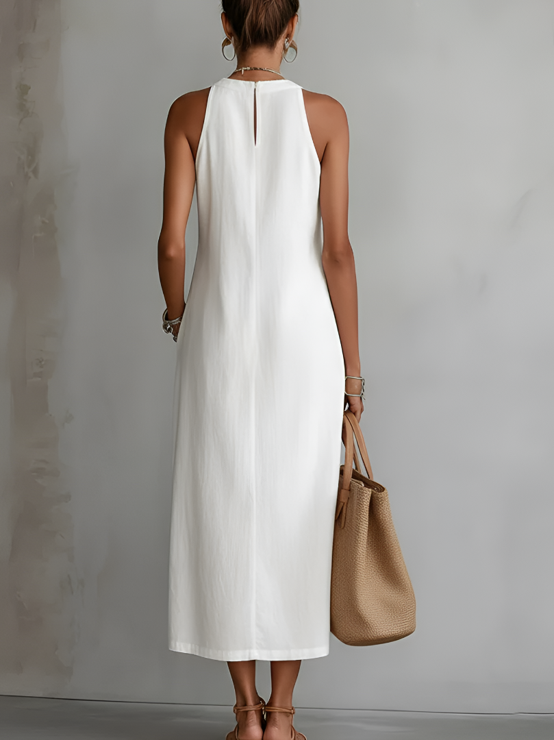 Women's Round Neck Sleeveless Midi Dress with Side Slit