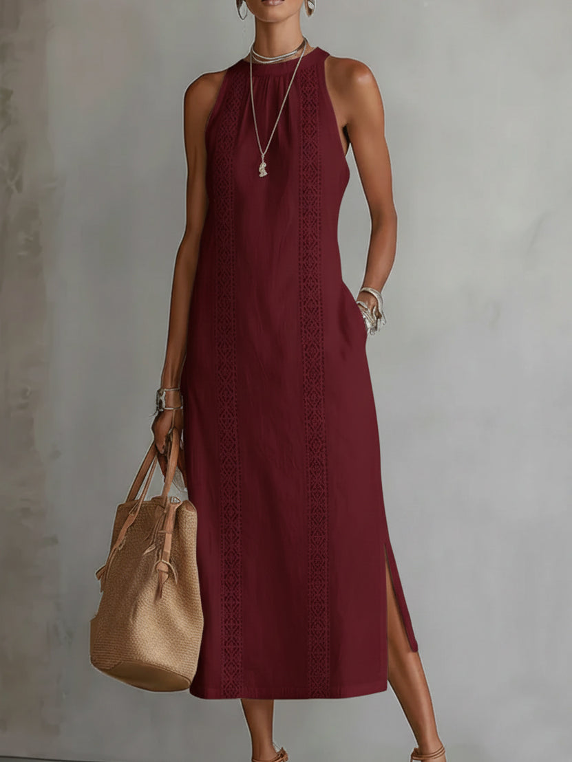Women's Round Neck Sleeveless Midi Dress with Side Slit