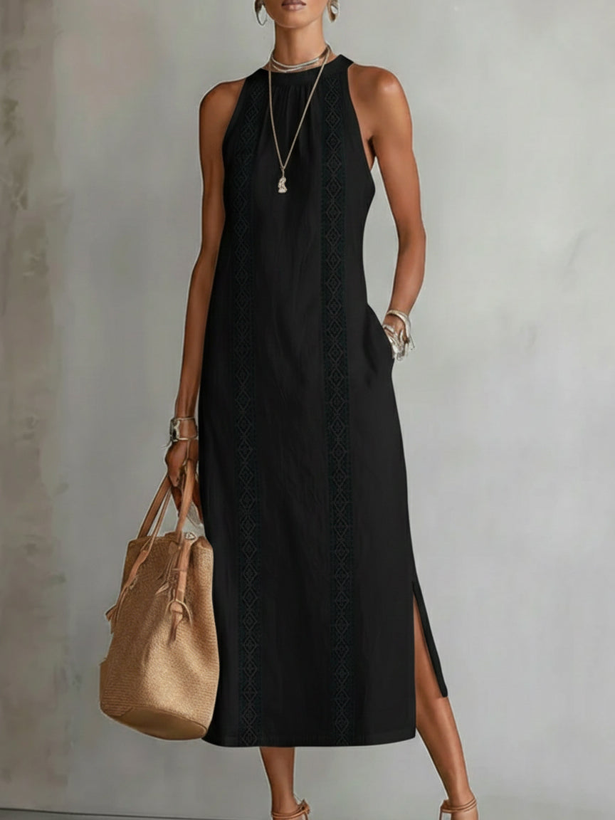 Women's Round Neck Sleeveless Midi Dress with Side Slit