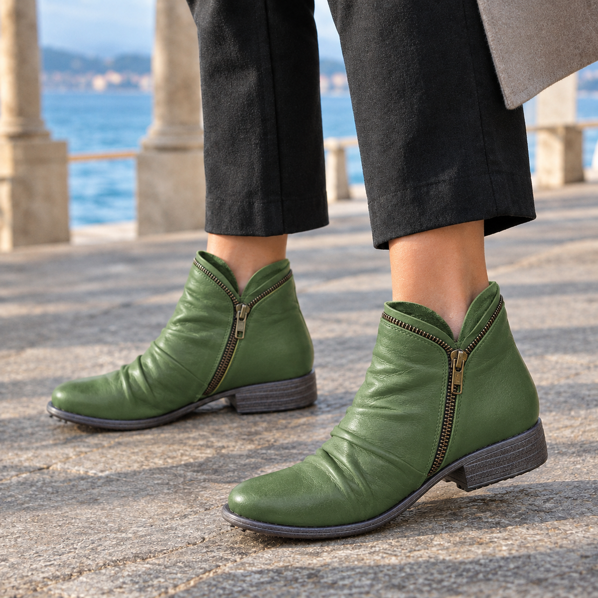 Women's Ruched Side Zip Low Heel Faux Leather Ankle Boots