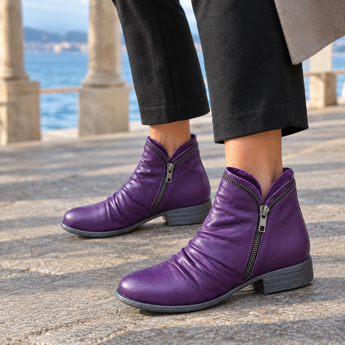 Women's Ruched Side Zip Low Heel Faux Leather Ankle Boots