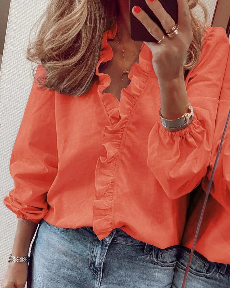Women's Ruffle Front V-Neck Long Sleeve Blouse
