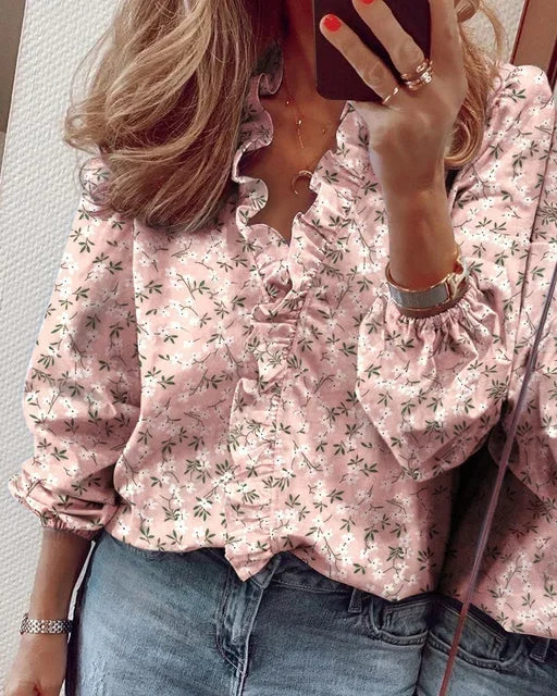 Women's Ruffle Front V-Neck Long Sleeve Blouse
