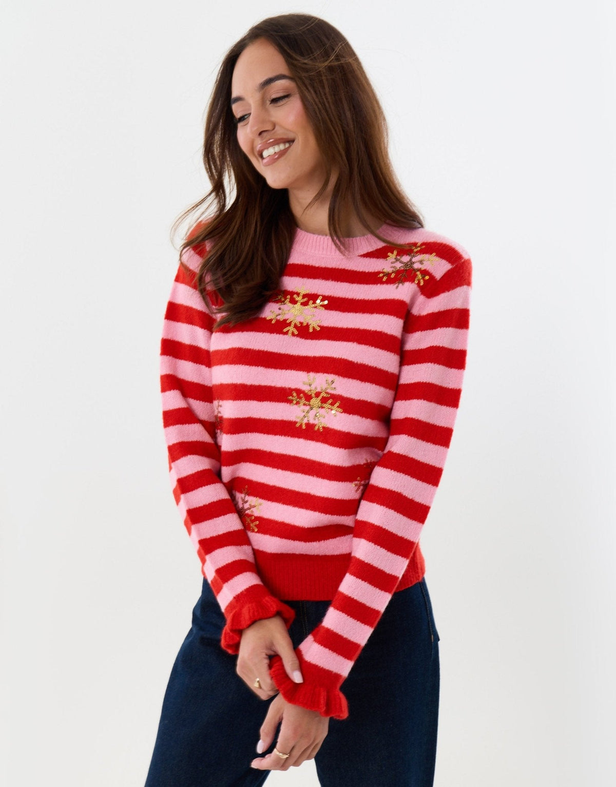 Women's Christmas Jumper Sequin Snowflake Stripe in Pink