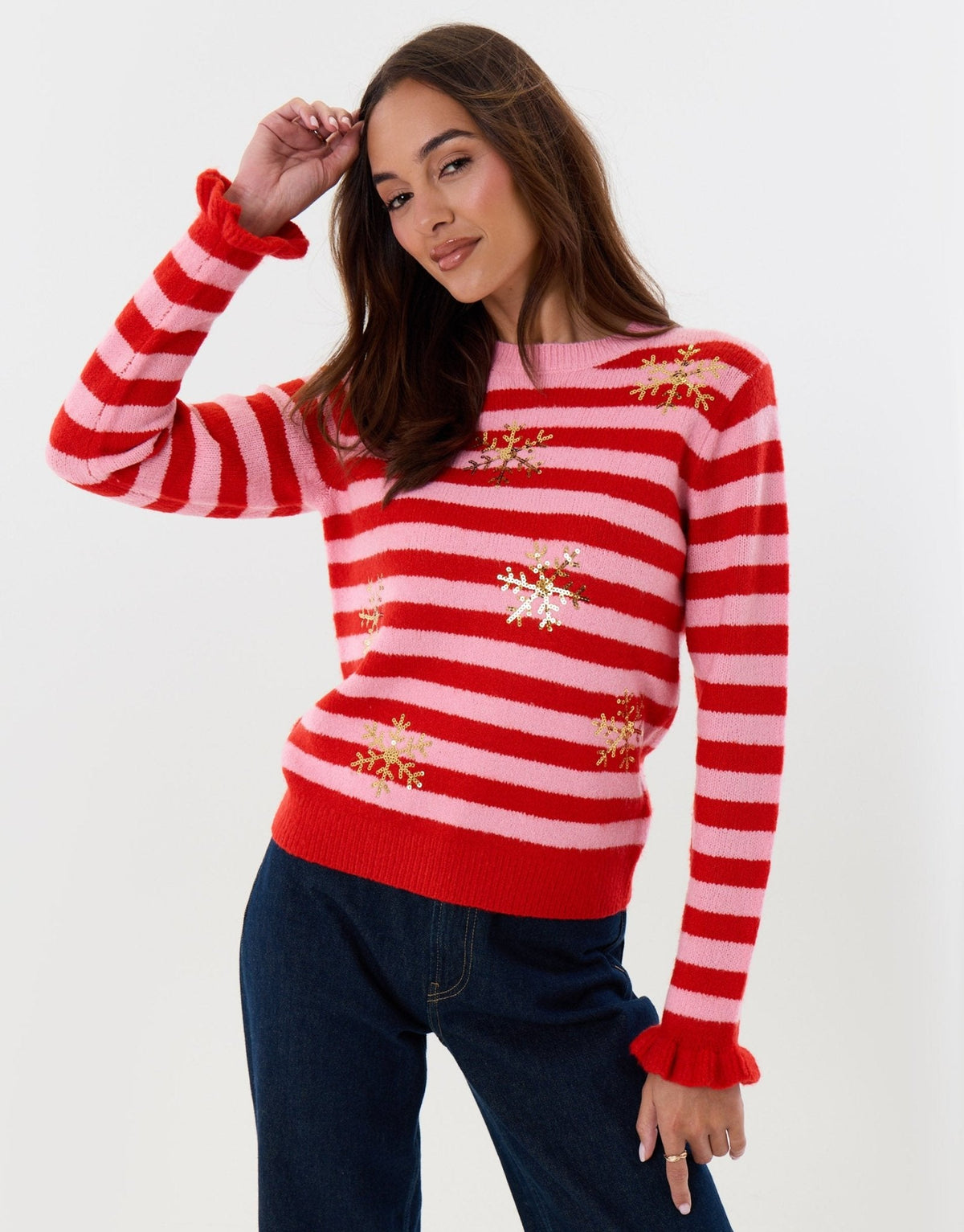 Women's Christmas Jumper Sequin Snowflake Stripe in Pink