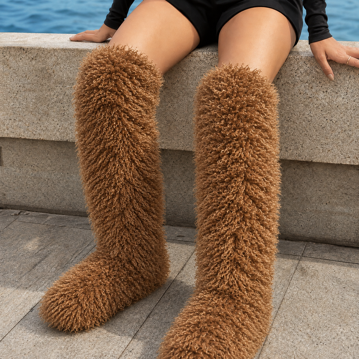 Women's Shaggy Plush Flat Thigh-High Boots