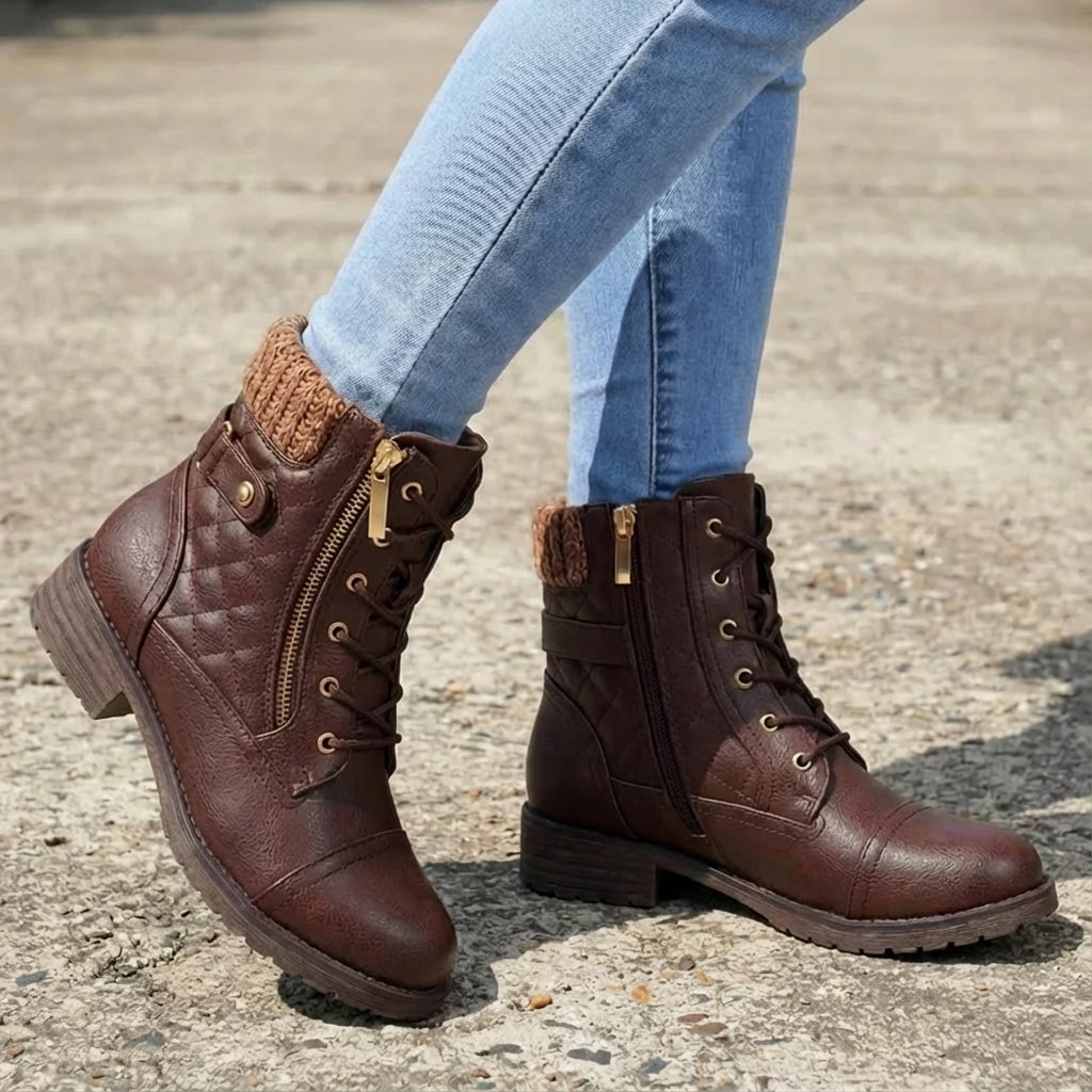 Women's Quilted Lace-Up Combat Boots with Knit Collar