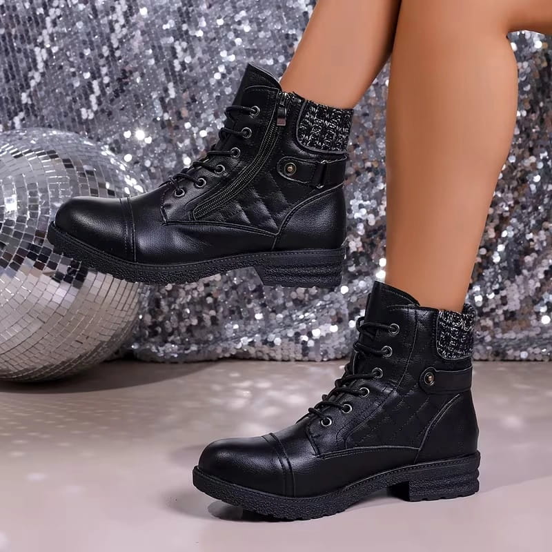Women's Quilted Lace-Up Combat Boots with Knit Collar