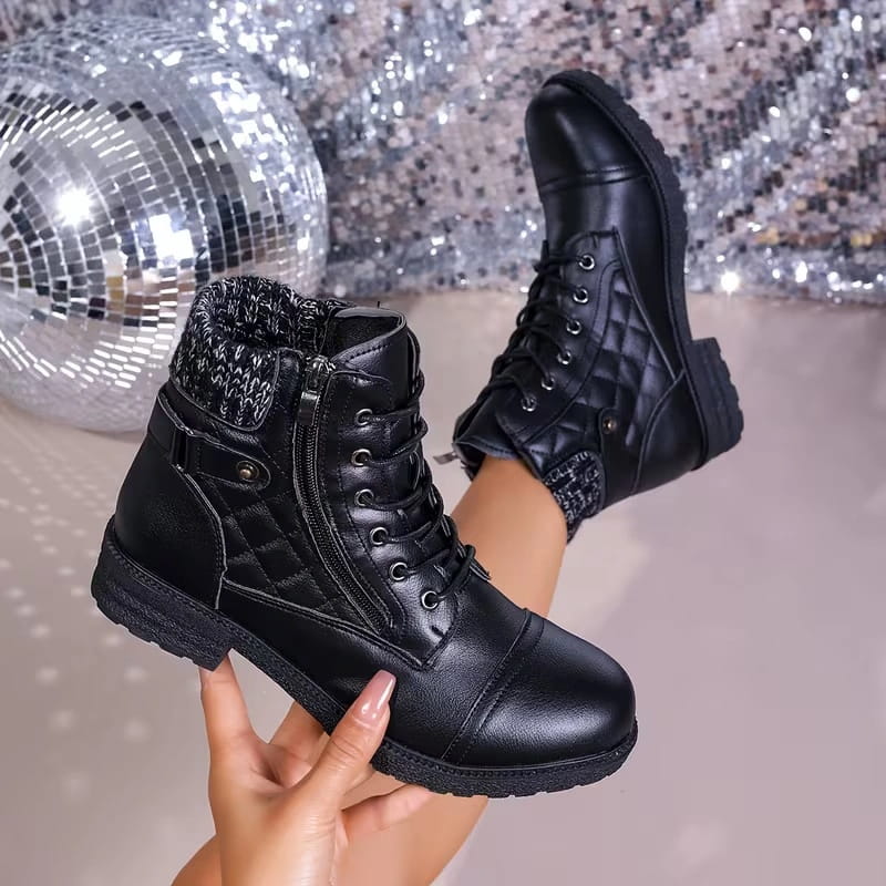 Women's Quilted Lace-Up Combat Boots with Knit Collar