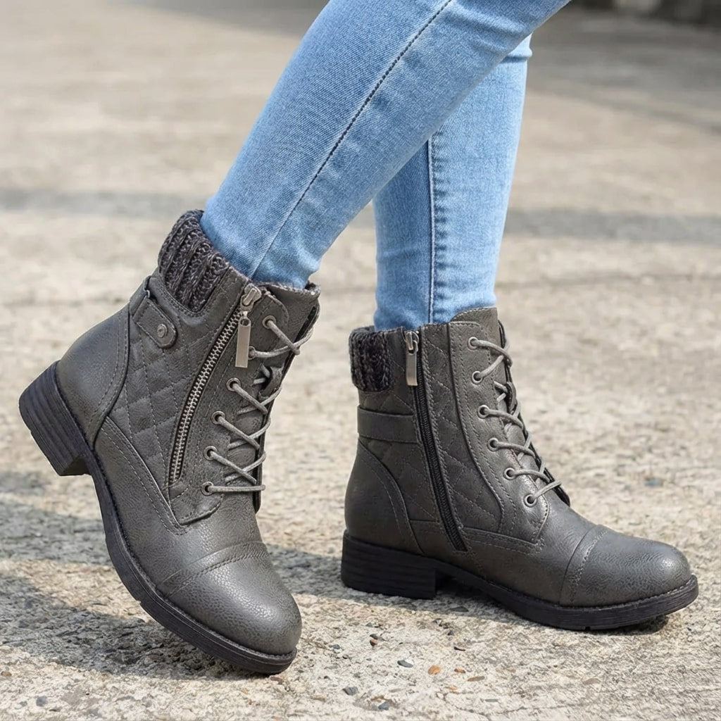 Women's Quilted Lace-Up Combat Boots with Knit Collar