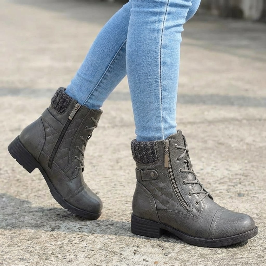 Women's Quilted Lace-Up Combat Boots with Knit Collar