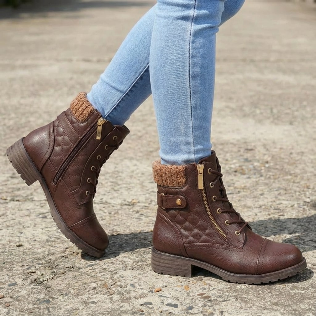 Women's Quilted Lace-Up Combat Boots with Knit Collar