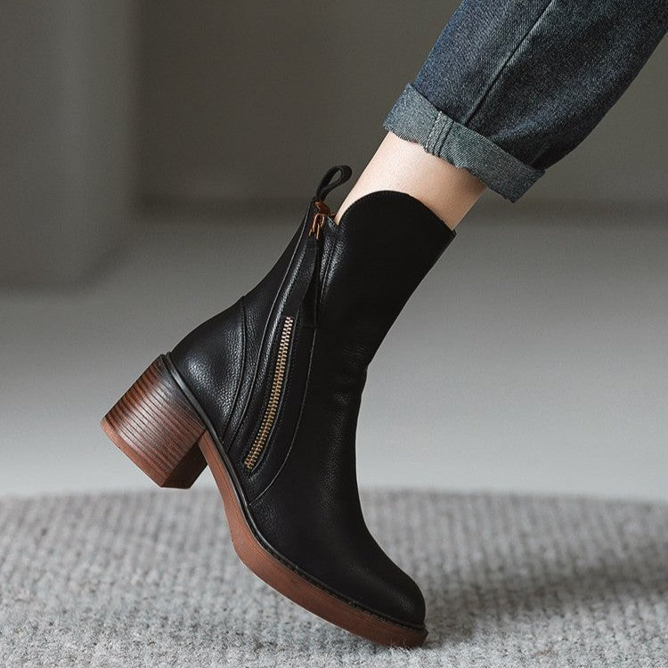 Women's Side Zip Chunky Heel Ankle Boots with Tassel Pull