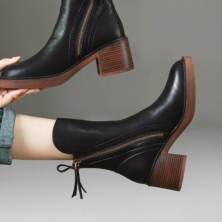 Women's Side Zip Chunky Heel Ankle Boots with Tassel Pull