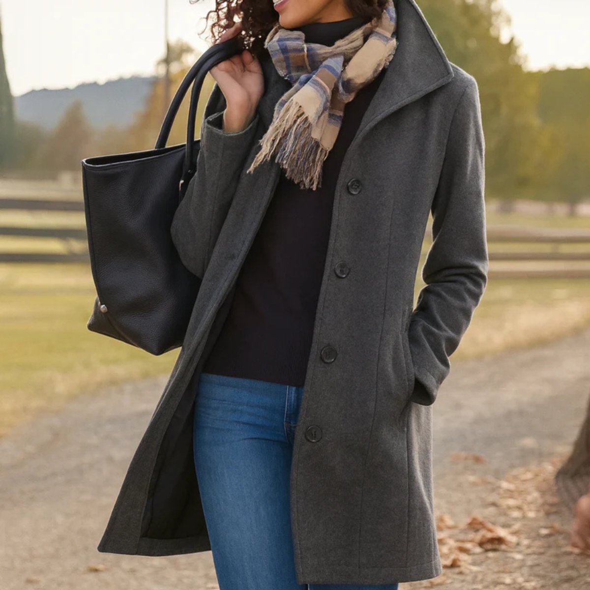 Women's Single-Breasted Wool-Look Mid-Length Coat with Pockets