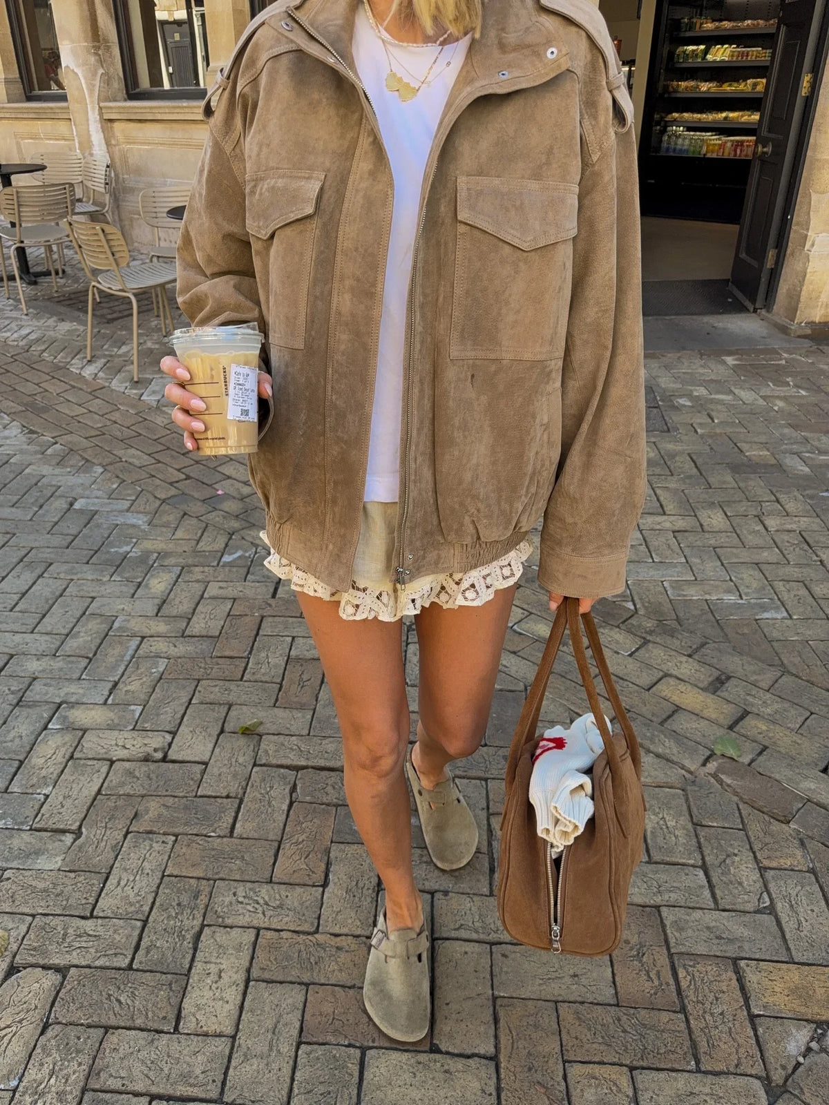 Women's Oversized Faux Suede Utility Jacket in Beige