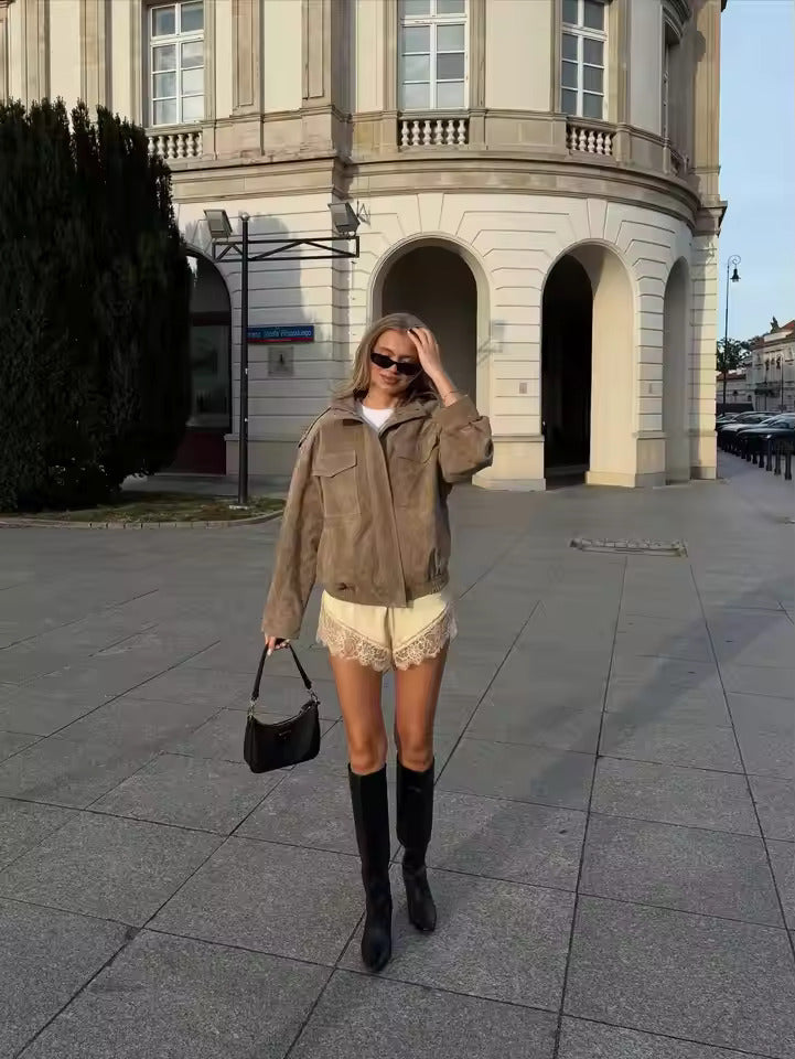 Women's Oversized Faux Suede Utility Jacket in Beige