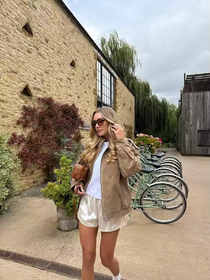Women's Oversized Faux Suede Utility Jacket in Beige