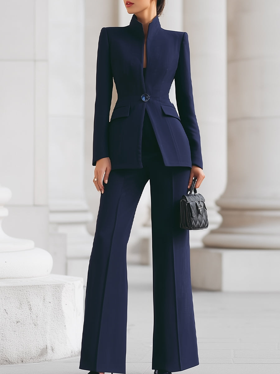 Women's Stand Collar Blazer and Wide-Leg Trousers Suit Set