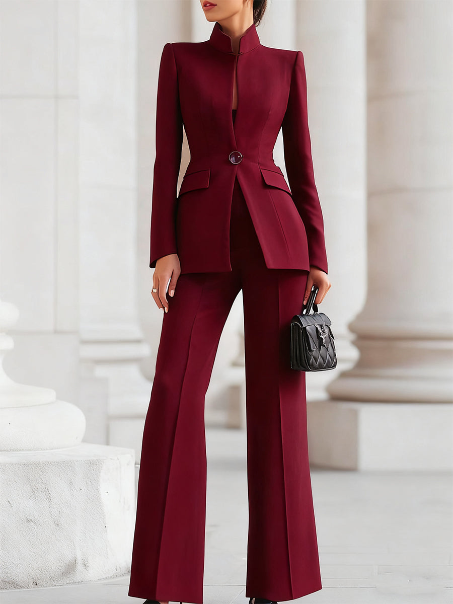 Women's Stand Collar Blazer and Wide-Leg Trousers Suit Set