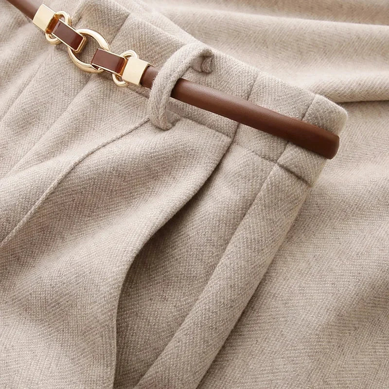 Women's Belted Herringbone Wool-Look Straight-Leg Trousers
