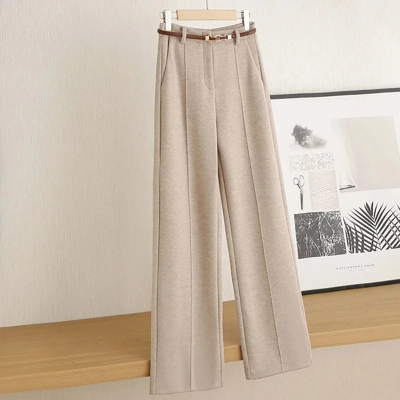 Women's Belted Herringbone Wool-Look Straight-Leg Trousers