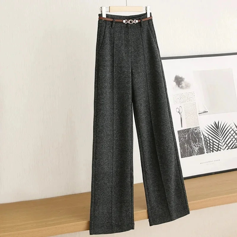 Women's Belted Herringbone Wool-Look Straight-Leg Trousers