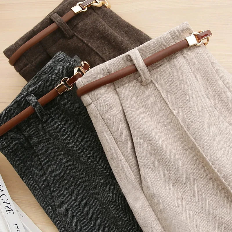 Women's Belted Herringbone Wool-Look Straight-Leg Trousers
