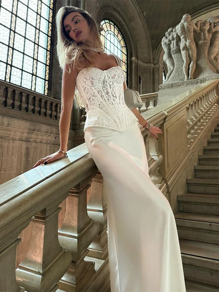 Women's Strapless Lace Corset Top and Maxi Skirt Set in White