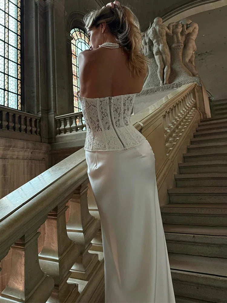 Women's Strapless Lace Corset Top and Maxi Skirt Set in White